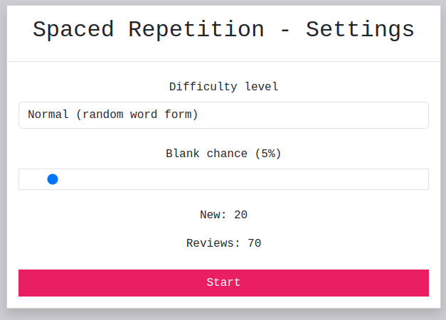 Spaced repetition settings
